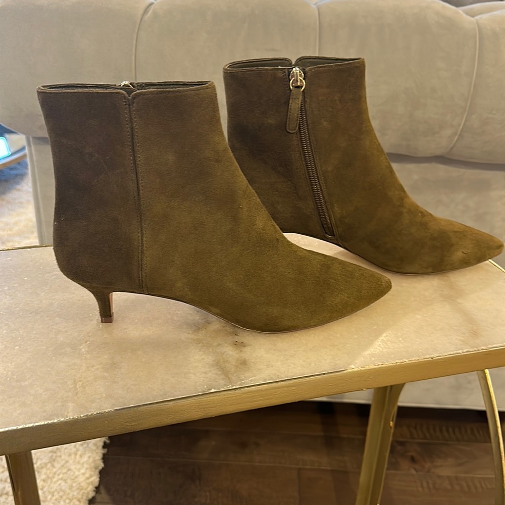 JCrew Kitten Heel Olive suede ankle boots